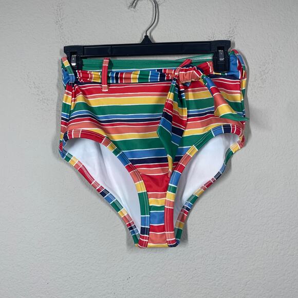 ModCloth Small The Greta High Waisted Bikini Bottom Rainbow Stripe Tie Side - Picture 2 of 9